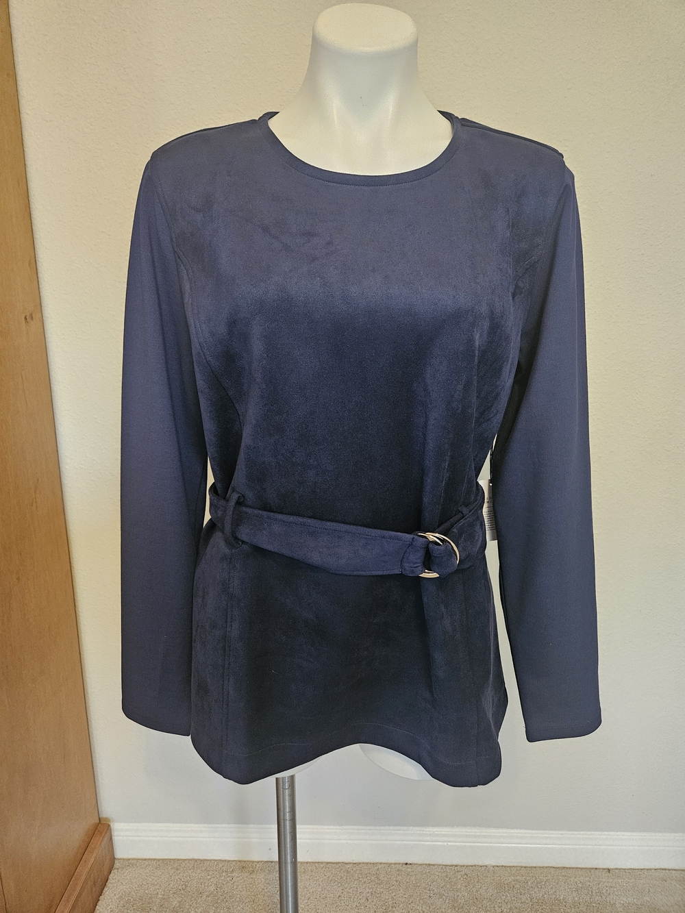 Ann Taylor Navy Suede-Look Belted Long Sleeve Top